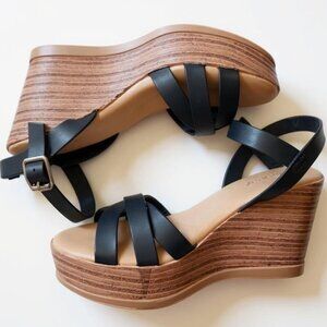 Bamboo Y2K Black Tan Wedge Sandals 6.5 Very Good